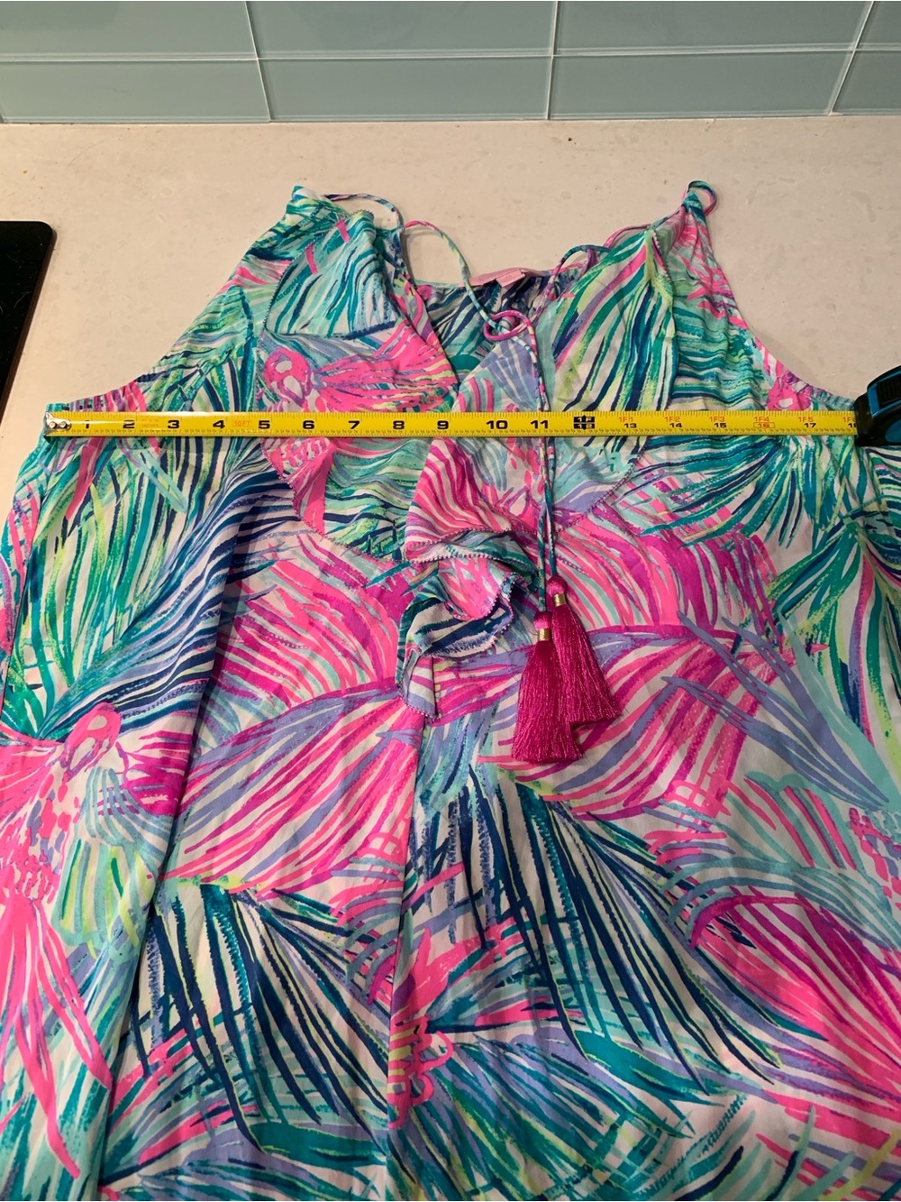 Lilly Pulitzer Silk Pink, Teal & Blue Tropical Palm Branch Print Midi Dress M - Picture 6 of 9